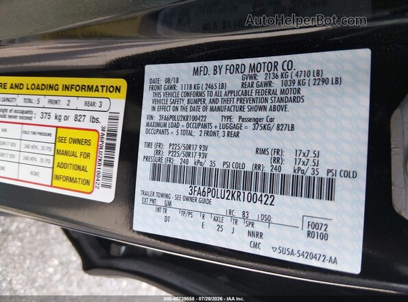 3FA6P0LU2KR100422 2019 FORD FUSION HYBRID Black Vista del compartimento del motor