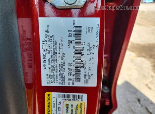 3FA6P0LU2KR204196 2019 FORD FUSION Red Vista del compartimento del motor