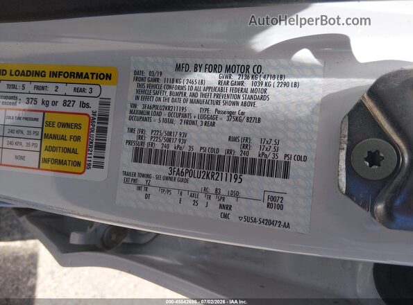 3FA6P0LU2KR211195 2019 FORD FUSION HYBRID White Շարժիչի բաժամունքի տեսք