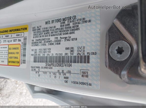 3FA6P0LU2KR274104 2019 FORD FUSION HYBRID White Вид підкапотного простору