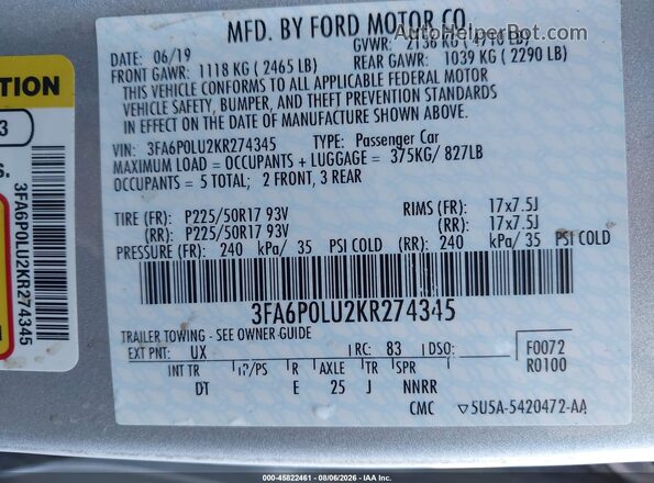 3FA6P0LU2KR274345 2019 FORD FUSION HYBRID Silver Engine compartment view