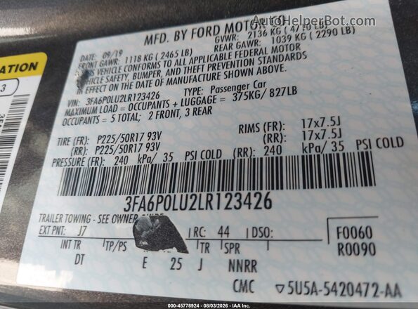 3FA6P0LU2LR123426 2020 FORD FUSION Серый Вид подкапотного пространства