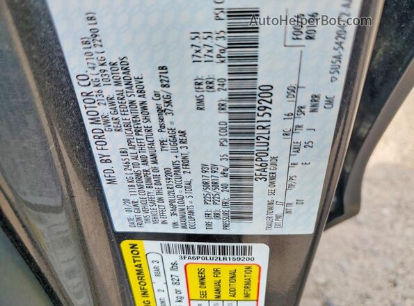 3FA6P0LU2LR159200 2020 FORD FUSION Gray VIN sticker view