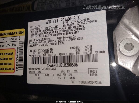 3FA6P0LU2LR200506 2020 FORD FUSION Black Շարժիչի բաժամունքի տեսք