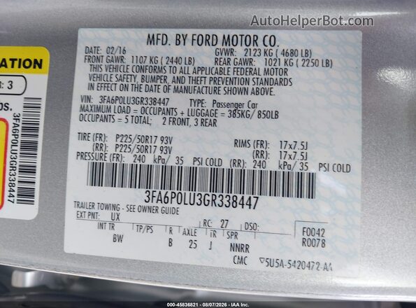 3FA6P0LU3GR338447 2016 FORD FUSION HYBRID Silver Widok komory silnika