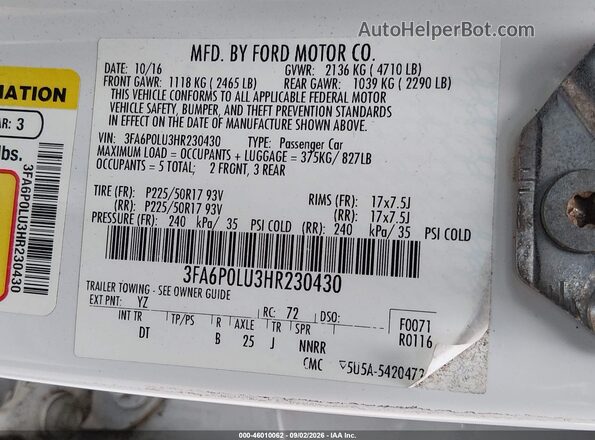 3FA6P0LU3HR230430 2017 FORD FUSION HYBRID White Vista del compartimento del motor