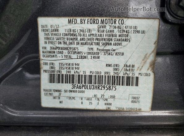 3FA6P0LU3HR295875 2017 FORD FUSION Charcoal Widok komory silnika
