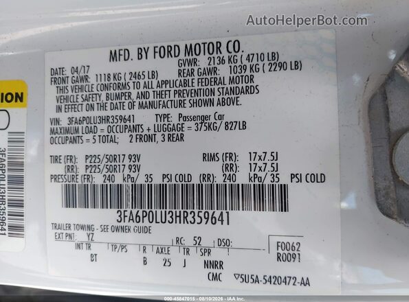 3FA6P0LU3HR359641 2017 FORD FUSION HYBRID White Widok komory silnika