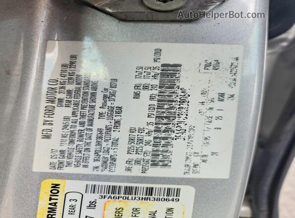 3FA6P0LU3HR380649 2017 FORD FUSION Silver Widok komory silnika