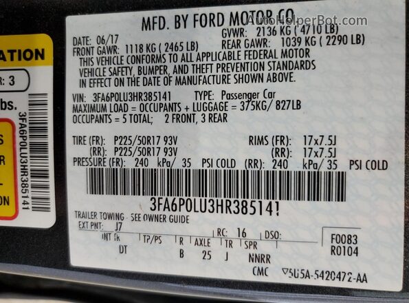3FA6P0LU3HR385141 2017 FORD FUSION Charcoal Engine compartment view