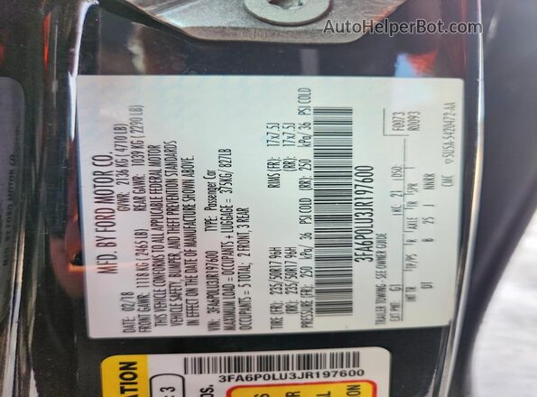 3FA6P0LU3JR197600 2018 FORD FUSION Black Engine compartment view