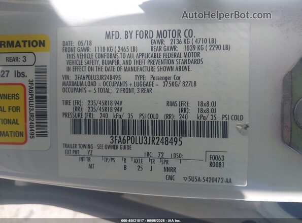 3FA6P0LU3JR248495 2018 FORD FUSION HYBRID White Вид підкапотного простору