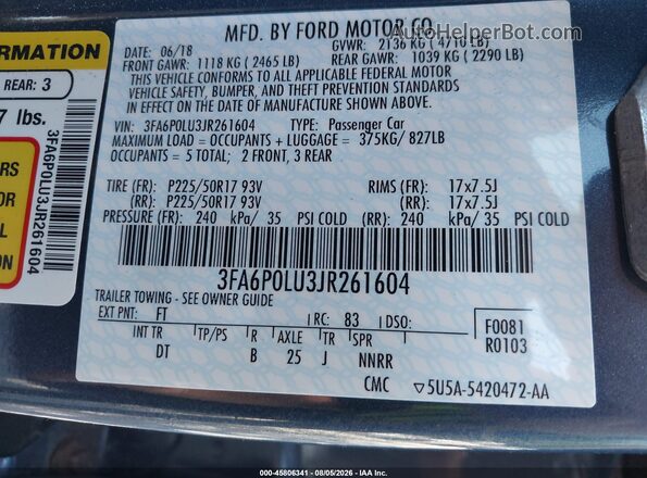 3FA6P0LU3JR261604 2018 FORD FUSION HYBRID Blue Շարժիչի բաժամունքի տեսք