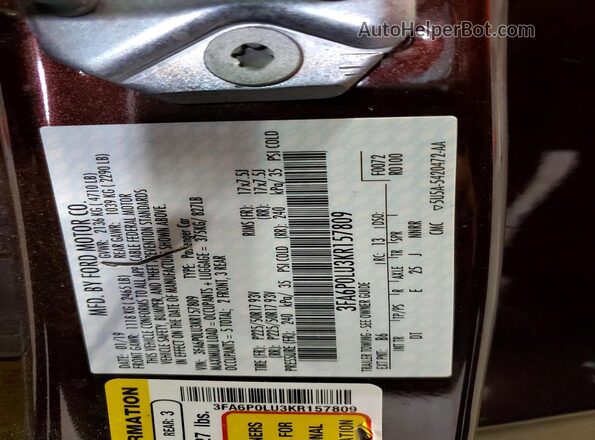 3FA6P0LU3KR157809 2019 FORD FUSION Maroon Вид підкапотного простору