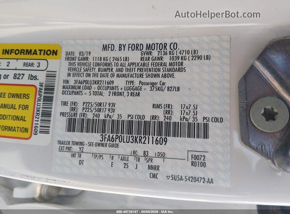 3FA6P0LU3KR211609 2019 FORD FUSION HYBRID White ძრავის განყოფილების ხედი