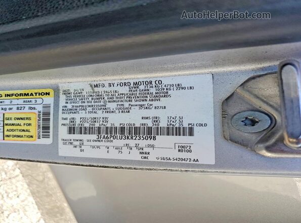3FA6P0LU3KR235098 2019 FORD FUSION Silver Vista de la etiqueta del VIN