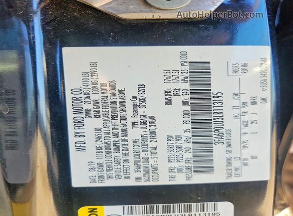 3FA6P0LU3LR113195 2020 FORD FUSION Black Vista del compartimento del motor