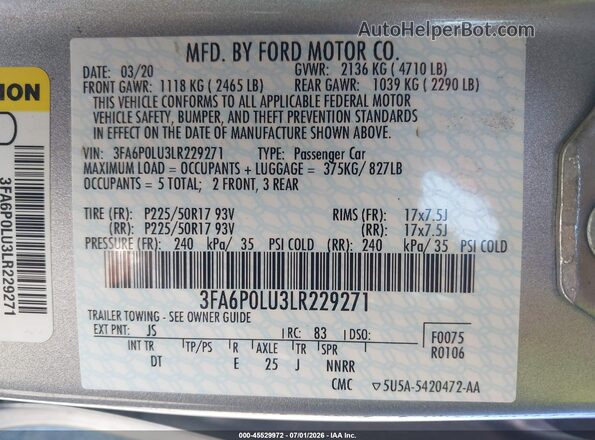 3FA6P0LU3LR229271 2020 FORD FUSION Silver Շարժիչի բաժամունքի տեսք