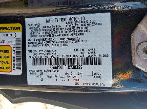 3FA6P0LU3LR230355 2020 FORD FUSION Black Շարժիչի բաժամունքի տեսք
