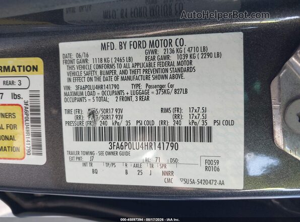 3FA6P0LU4HR141790 2017 FORD FUSION HYBRID Черный Вид подкапотного пространства