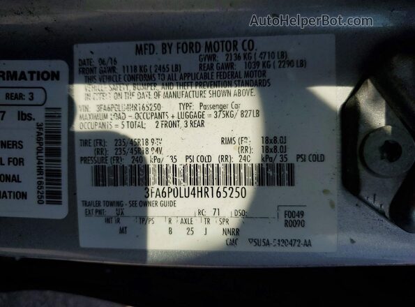 3FA6P0LU4HR165250 2017 FORD FUSION Silver ძრავის განყოფილების ხედი