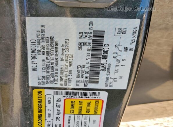 3FA6P0LU4HR402013 2017 FORD FUSION Gray Engine compartment view