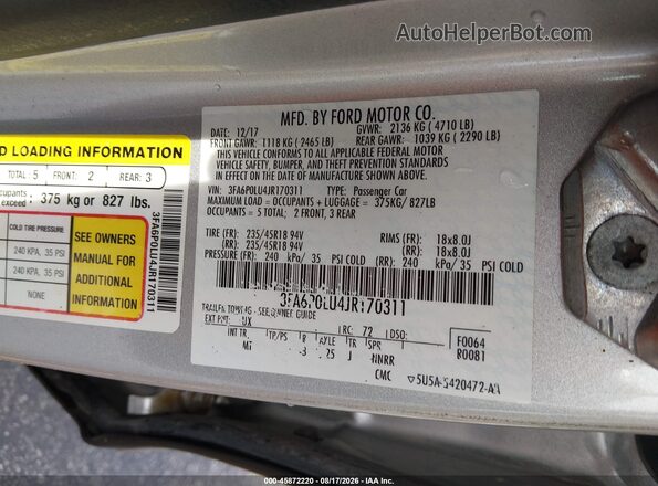 3FA6P0LU4JR170311 2018 FORD FUSION HYBRID Silver Vista del compartimento del motor