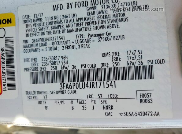 3FA6P0LU4JR171541 2018 FORD FUSION White Vista de la etiqueta del VIN