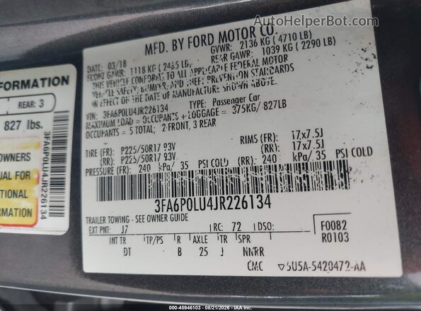 3FA6P0LU4JR226134 2018 FORD FUSION HYBRID Gray ძრავის განყოფილების ხედი