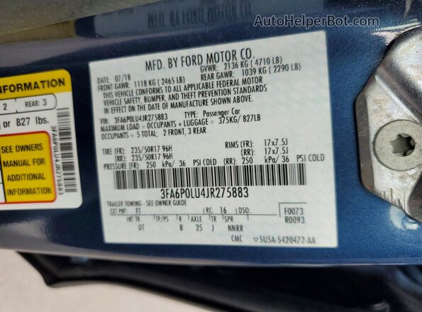 3FA6P0LU4JR275883 2018 FORD FUSION Blue Engine compartment view