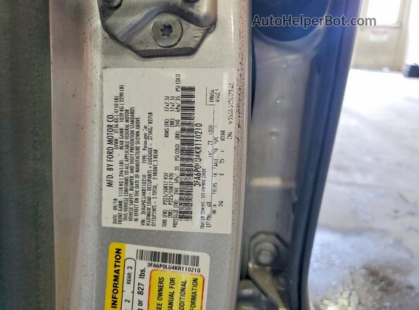 3FA6P0LU4KR110210 2019 FORD FUSION Silver VIN კოდის სტიკერის ხედი