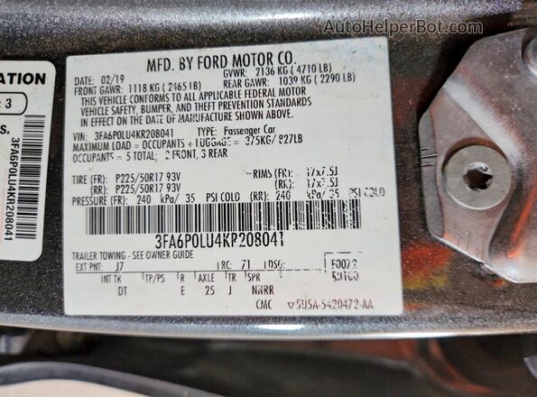 3FA6P0LU4KR208041 2019 FORD FUSION Gray Vista del compartimento del motor