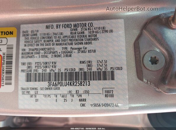 3FA6P0LU4KR258213 2019 FORD FUSION HYBRID Silver ძრავის განყოფილების ხედი