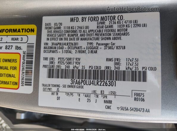 3FA6P0LU4LR226301 2020 FORD FUSION Silver Vista del compartimento del motor