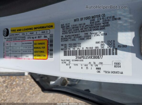 3FA6P0LU5HR380877 2017 FORD FUSION HYBRID White Widok komory silnika