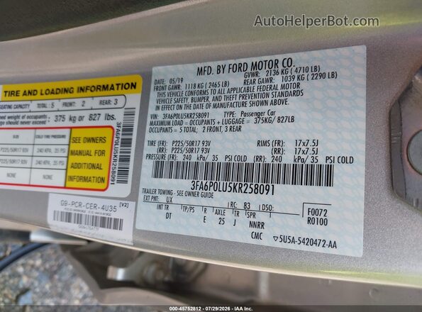 3FA6P0LU5KR258091 2019 FORD FUSION HYBRID Silver Շարժիչի բաժամունքի տեսք