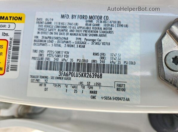 3FA6P0LU5KR263968 2019 FORD FUSION White Vista de la etiqueta del VIN