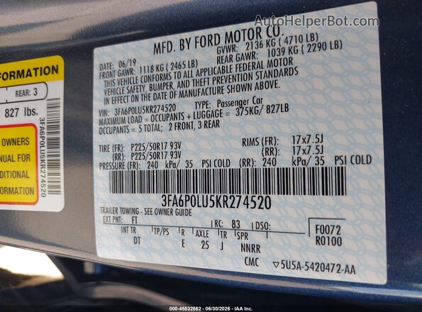 3FA6P0LU5KR274520 2019 FORD FUSION HYBRID Dark Blue Вид підкапотного простору