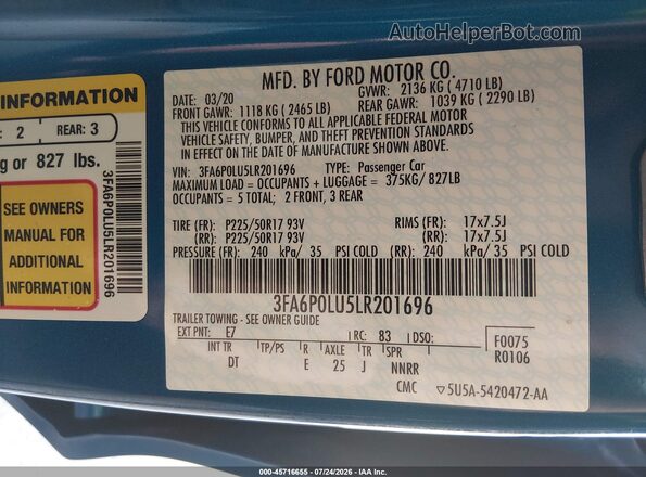 3FA6P0LU5LR201696 2020 FORD FUSION Blue ძრავის განყოფილების ხედი