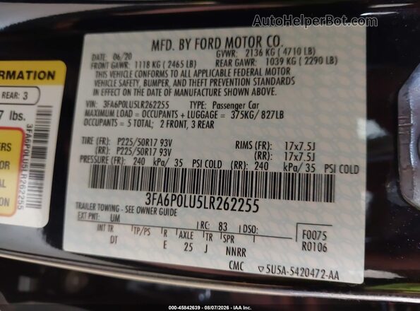 3FA6P0LU5LR262255 2020 FORD FUSION Black Widok komory silnika