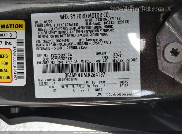 3FA6P0LU5LR264197 2020 FORD FUSION Gray Engine compartment view