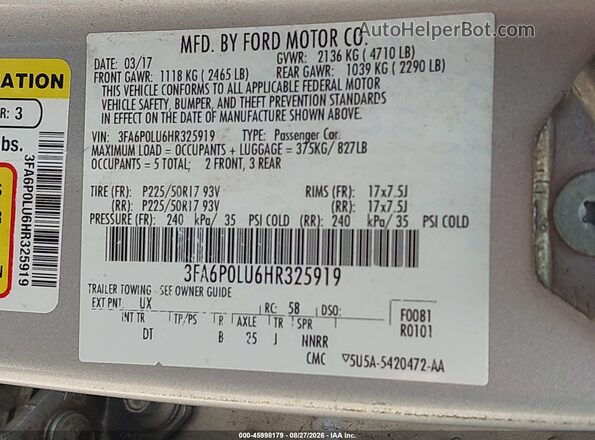 3FA6P0LU6HR325919 2017 FORD FUSION HYBRID Silver Engine compartment view