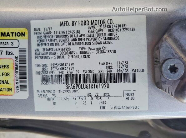 3FA6P0LU6JR161920 2018 FORD FUSION Silver Widok komory silnika