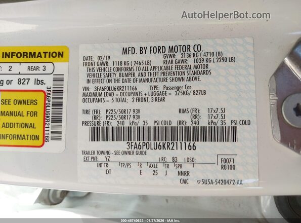 3FA6P0LU6KR211166 2019 FORD FUSION HYBRID White Widok komory silnika
