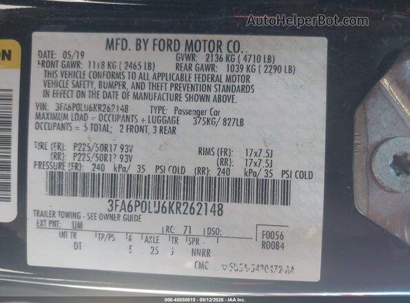 3FA6P0LU6KR262148 2019 FORD FUSION HYBRID Black Вид підкапотного простору