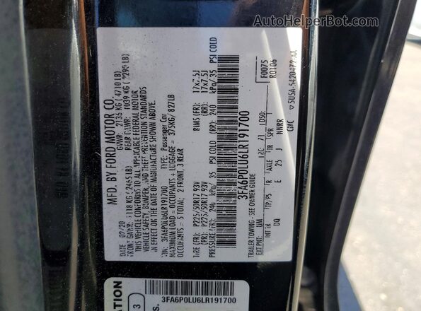 3FA6P0LU6LR191700 2020 FORD FUSION Black Widok komory silnika