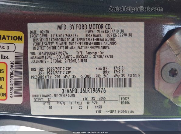 3FA6P0LU6LR196976 2020 FORD FUSION Gray Widok komory silnika