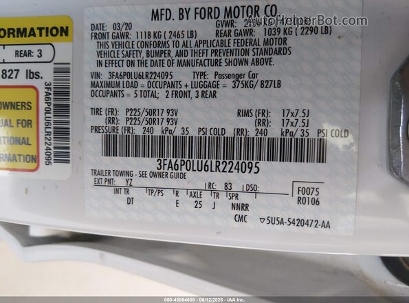 3FA6P0LU6LR224095 2020 FORD FUSION White ძრავის განყოფილების ხედი