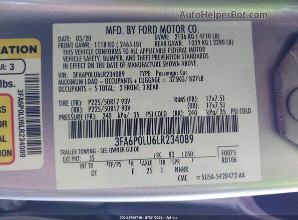 3FA6P0LU6LR234089 2020 FORD FUSION Silver Vista del compartimento del motor