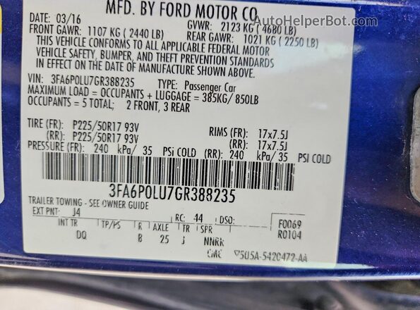 3FA6P0LU7GR388235 2016 FORD FUSION Blue Engine compartment view